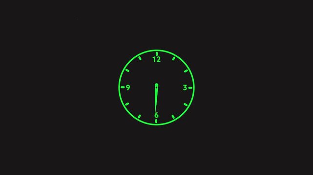 Simple analog clock with green outline and hands on a dark background time
