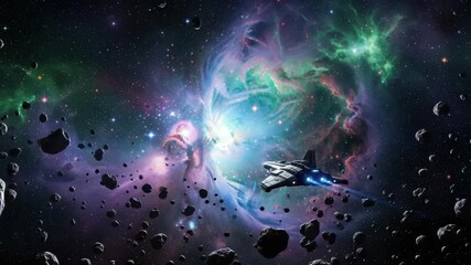 sleek spaceship with blue thrusters flies through dense asteroid field Behind it magnificent nebula swirls with bright blue green and purple cosmic gas and countless stars - Powered by Adobe
