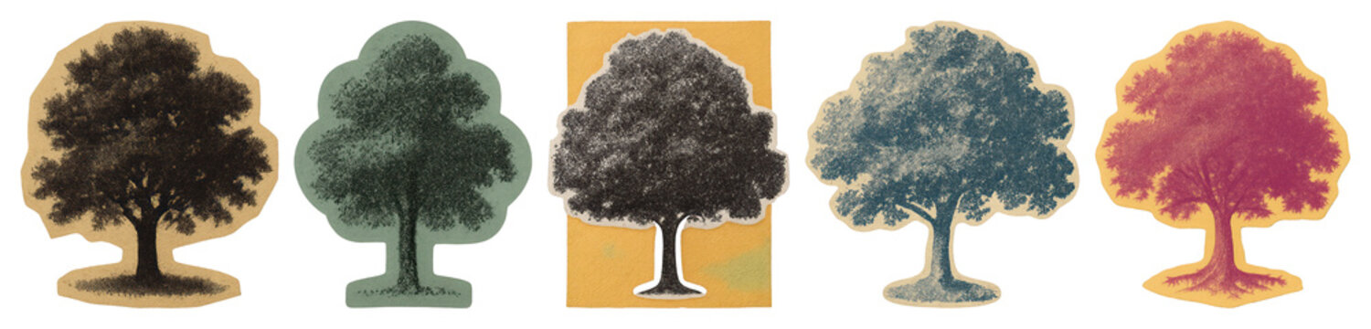 PNG Vintage tree illustrations with colors, element set on transparent background