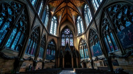 A breathtaking view of the interior of a grand cathedral, showcasing its stunning architecture, intricate stained glass windows, and soaring vaulted ceilings that create a sense of awe