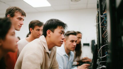 Students focus on cybersecurity tasks in a technology lab during an evening study session