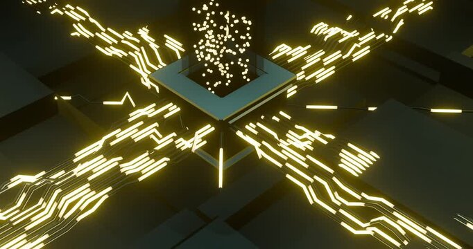 Anima&ccedil;&atilde;o 3D de um hub met&aacute;lico com trilhas/cabos luminosos dourados que se cruzam em quatro dire&ccedil;&otilde;es, enquanto um feixe de part&iacute;culas verdes emerge do n&uacute;cleo. Visual high-tech e futurista