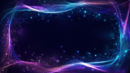 An abstract, glowing frame of wavy lines in blue, purple, and pink surrounds a dark, starry center