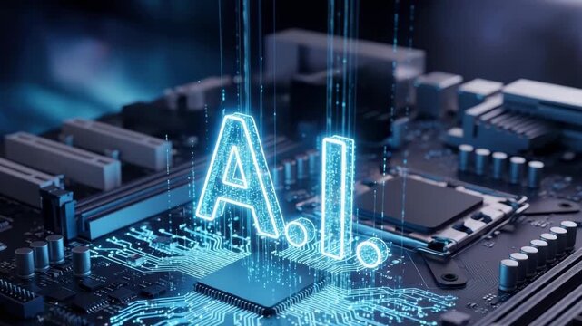Bright blue AI text emanates from central chip on dark circuit board Glowing lines trace across the board connecting various electronic components like RAM slots and capacitors