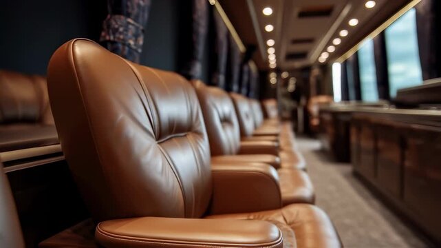Modern luxury bus interior with comfortable empty brown leather seats and elegant lighting for a comfortable journey, representing premium transportation, private charters, and exclusive travel