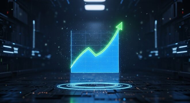 Ascending Futures - A Luminous Holographic Graph Projects Upward Growth in a Tech Hub.