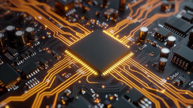 Closeup of a modern computer processor on a circuit board with orange light.