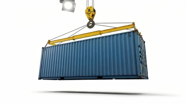 blue cargo container is suspended by yellow crane hook and spreader bar isolated against bright white background A spotlight shines from above casting distinct shadow below the hovering container read