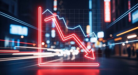 Dramatic Neon Red Decline Graph Illuminates Blurry Urban Nightscape, Symbolizing Economic Downturn.