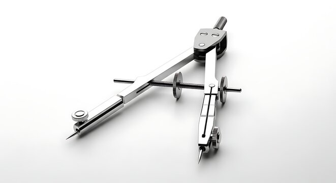 A detailed close-up shot of a silver drafting compass with sharp points, resting on a white surface.