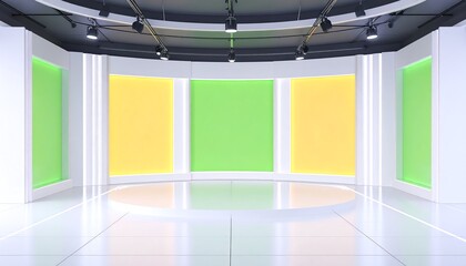 illustration of a studio TV setting, yellow and green mock up boards, studio lighting