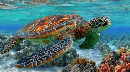 Obraz premium Green sea turtle swimming peacefully in clear ocean waters near a coral reef.
