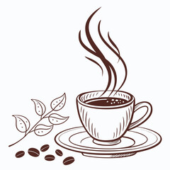 A minimalist line art illustration of a steaming cup of coffee with coffee beans and a sprig of coffee leaves on a white background