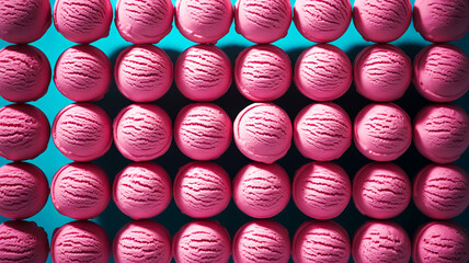 Bright pink ice cream scoops, grid pattern, vibrant turquoise background