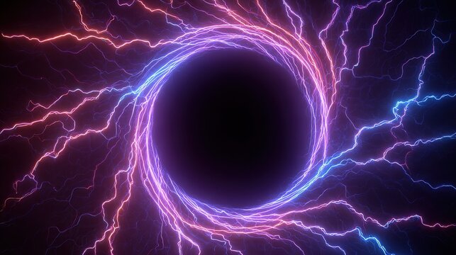 A central black void is surrounded by a glowing circular energy field emanating with jagged, colorful arcs