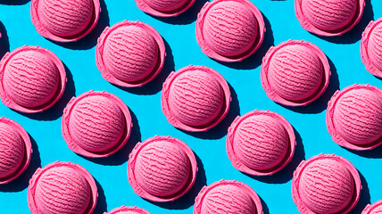 Bright pink ice cream scoops, grid pattern, vibrant turquoise background