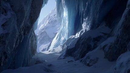 Fototapeta premium Illuminated Ice Cave Path: A Vertical View of a Bright Light at the End of a Snowy Tunnel