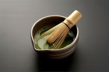 Japanese matcha green tea and matcha green tea powder at homemade clay bowl with bamboo whisk