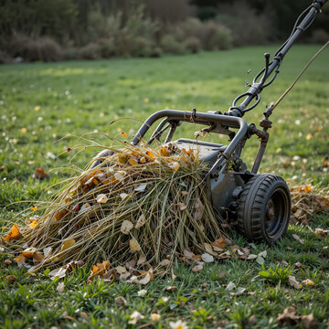 Removing dead grass after winter, spring care of grass, rural garden concept, Debris Left Over by an mechanical Lawn dethatcher, dry grass maintenance. Nature background, climate change