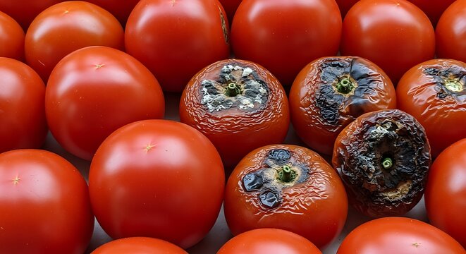 Rotten tomatoes among ripe ones food spoilage concept overhead view