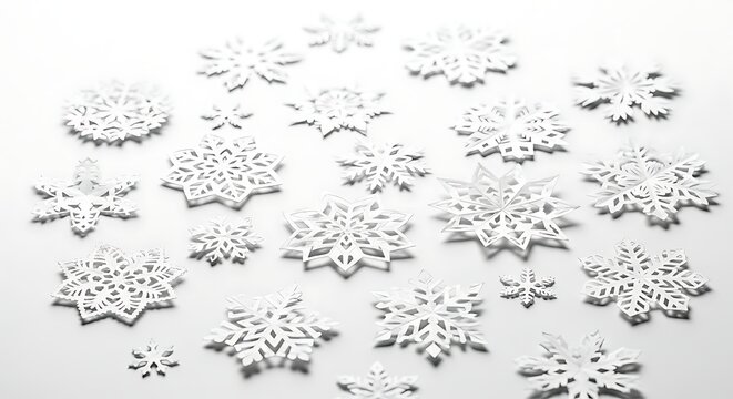 A collection of delicate white snowflakes scattered across a plain white surface, creating a wintery and festive atmosphere.