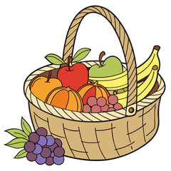 Illustration of a fruit basket filled with fruits