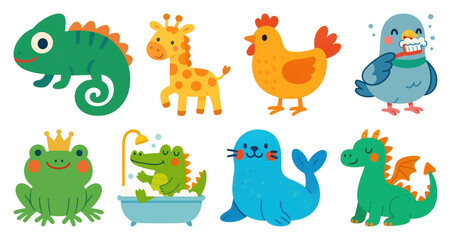 Obraz premium PNG Colorful cartoon animal illustrations, element set on transparent background