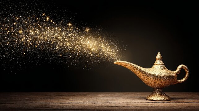 Image of magical aladdin lamp with glitter smoke. Lamp of wishes.