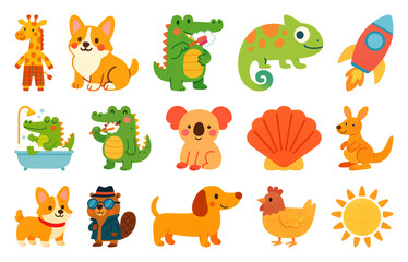 Fototapeta premium PNG Colorful cartoon animal stickers, element set on transparent background
