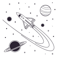 A rocket ship flies through space among planets and stars © jaman