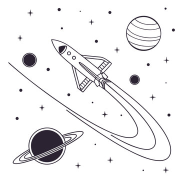 A rocket ship flies through space among planets and stars