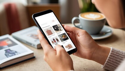 Woman's hands using a mobile phone to scroll through an e-commerce application while enjoying coffee at a cafe