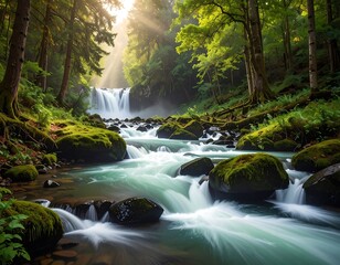 Idyllic Waterfall Scene in Lush Forest with Flowing Water and Sunlight Beams
