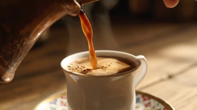 Pouring Rich Turkish Coffee: A Close-Up View of Tradition