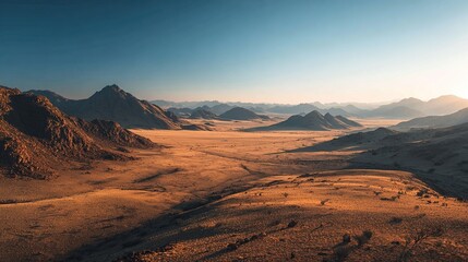 Naklejka premium Sweeping desert vista with distant mountains under a serene blue gradient sky