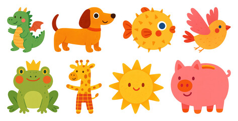 Obraz premium PNG Colorful cartoon animal illustrations, element set on transparent background