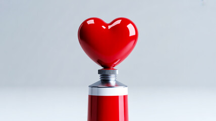 Close-up red acrylic paint tube, heart-shaped cap, light gray background