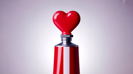 Close-up red acrylic paint tube, heart-shaped cap, light gray background