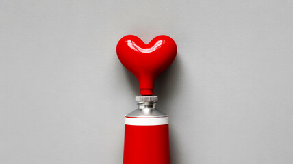 Close-up red acrylic paint tube, heart-shaped cap, light gray background