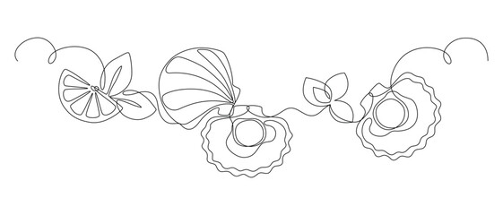 Scallops in shell with slice of lemon and mint leaves, drawn with continuous line in minimalism, abstract, seafood, delicacy, one line, editable vector contour