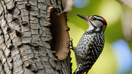 Watch a Ladder-backed Woodpecker in close-up as it performs housekeeping, ejecting wood from its nest in a dead tree.