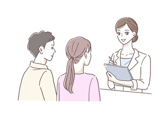 女性医師に相談する若い夫婦のイラスト素材