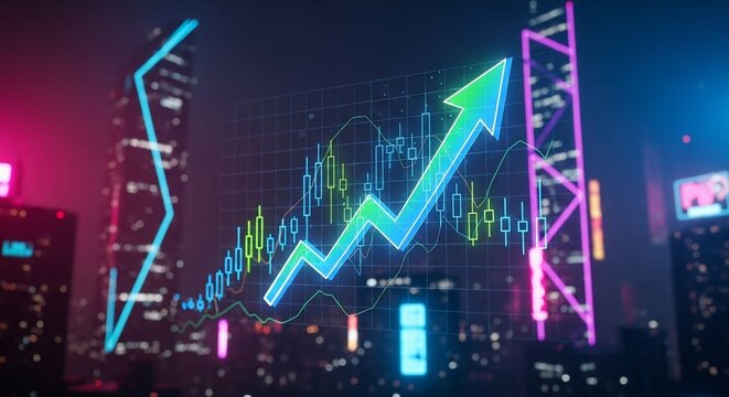 Futuristic Neon Cityscape with Glowing Upward Arrow and Digital Financial Data.