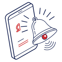 Isometric illustration of a smartphone with a notification bell ringing