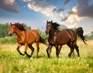 Two brown horses galloping in a field (1)
