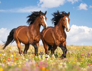 Obraz premium Two brown horses galloping in a field of wildflowers under a sunny sky