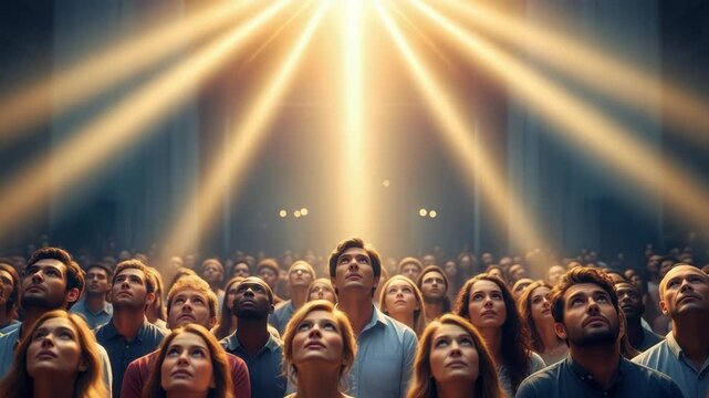 diverse crowd of people illuminated by golden light rays from above look up with expressions of awe and wonder The audience fills dark hazy venue focused intently on the unseen source of light