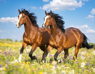 Two brown horses galloping in a field of wildflowers under a vibrant blue sky