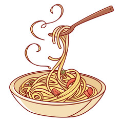 Illustration of spaghetti with tomato sauce served on a fork