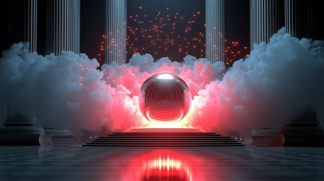 Fiery aura surrounding reflective sphere floating above ancient stairs with smoke and glowing sparks in dark hall with classical columns - Powered by Adobe